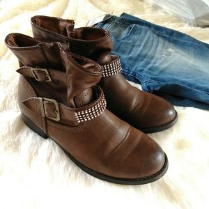 Buckle Ankle Booties Brown Embellished
